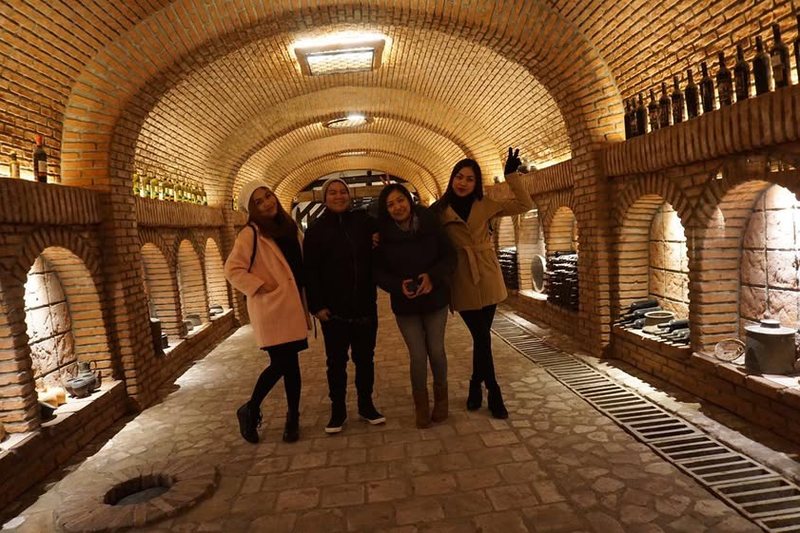 Travellers tasting wine in a brick-vaulted qvevri cellar with the clay vessels set into the floor