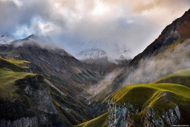 A misty green ridge high in the Greater Caucasus