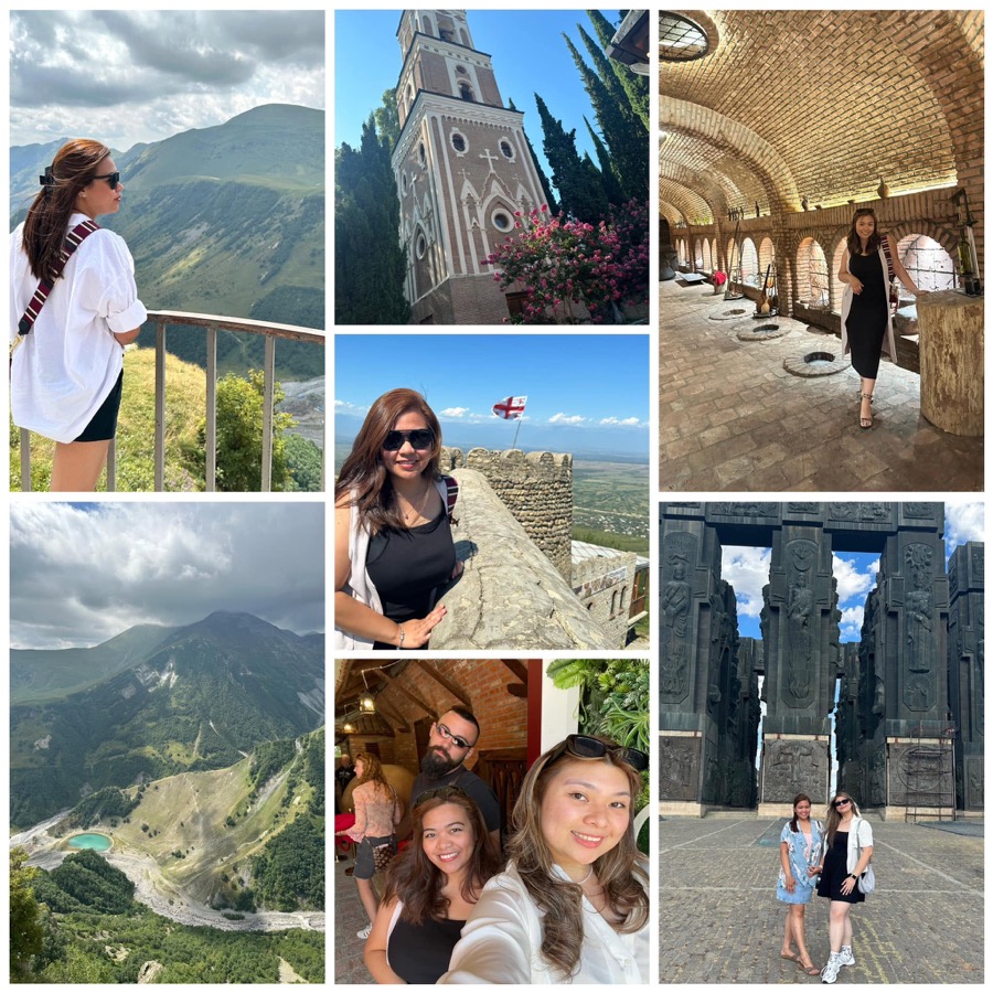 A collage of a traveller's photos from across Georgia — viewpoints, Sighnaghi and a wine cellar