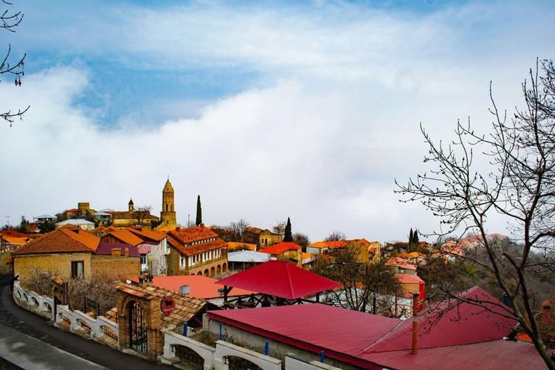 Red-roofed houses and the bell tower of Sighnaghi, the hilltop wine town in Kakheti