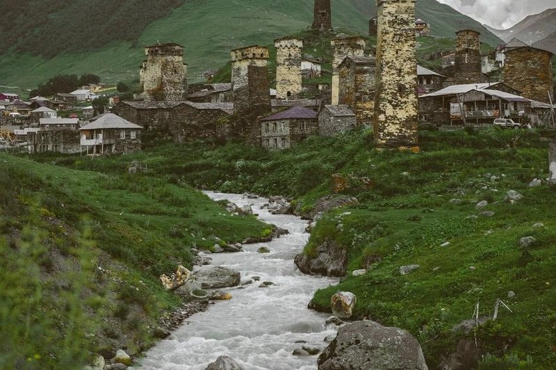 The stone defensive towers of a village in the Svaneti mountains