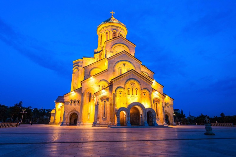 The Holy Trinity (Sameba) Cathedral of Tbilisi lit up at night